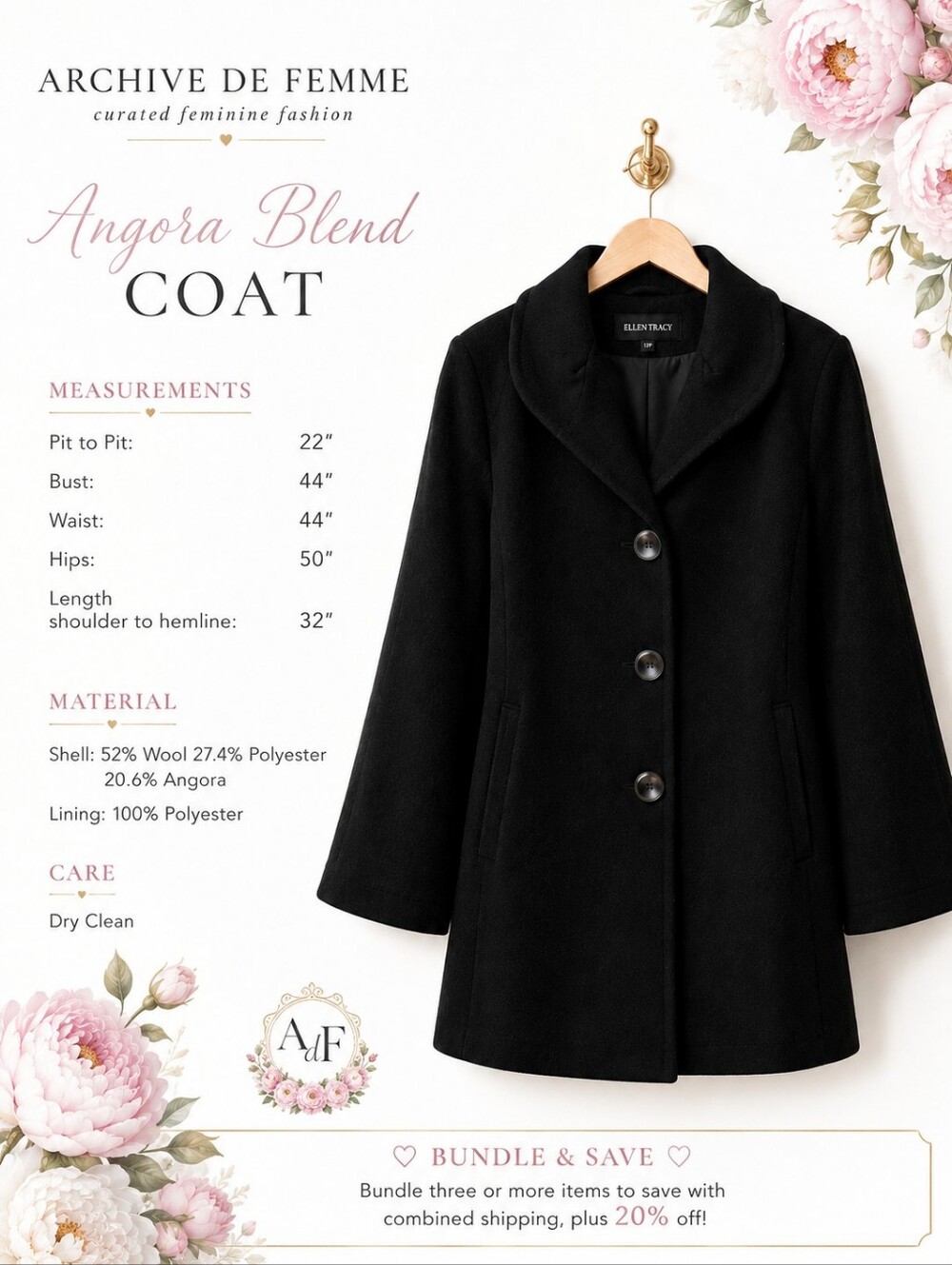 NWOT Ellen Tracy | Angora Wool Blend Black Coat| Size 12P Petite | Quiet Luxury - Picture 8 of 11